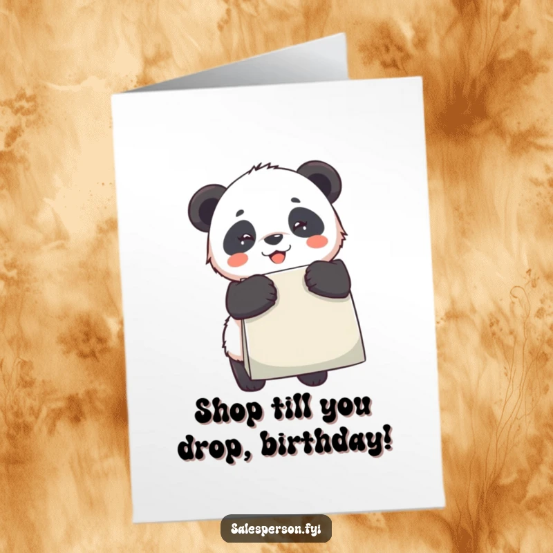 Funny Free Printable Birthday Card: Playful panda with a giant shopping bag, smiling wide, ready for a retail adventure.