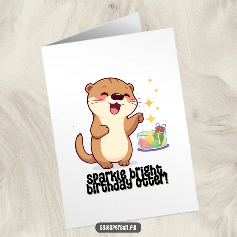 Funny Free Printable Birthday Card: A playful otter points excitedly at sparkling goods, celebrating a special occasion.