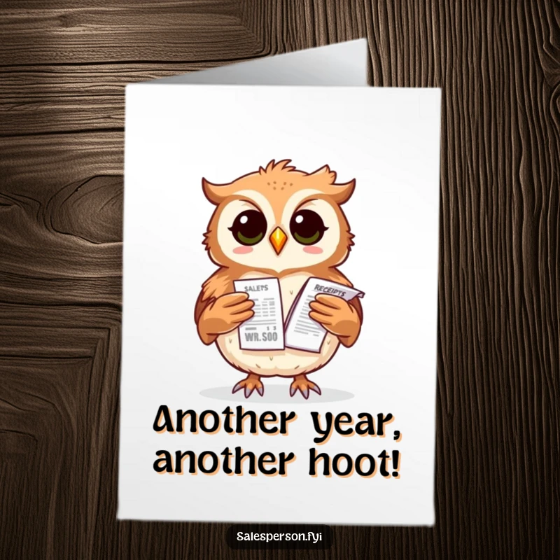 Funny free printable birthday card: A proud owl hooting triumphantly while balancing a precarious stack of sales receipts.