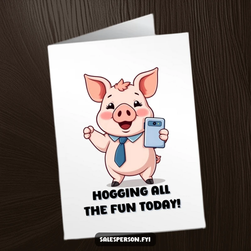 Funny free printable birthday card: A cheerful pig wearing a tie presents a shiny new gadget with a smile.