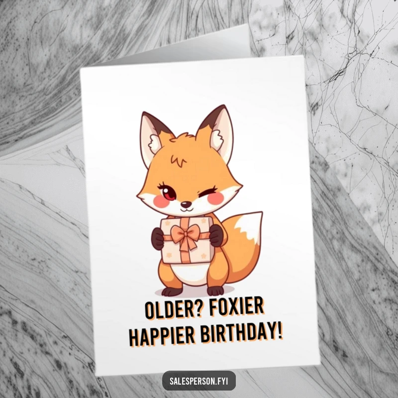 Funny Free Printable Birthday Card: Sly fox winking playfully while offering a metaphorical gift box for hilarious greetings.
