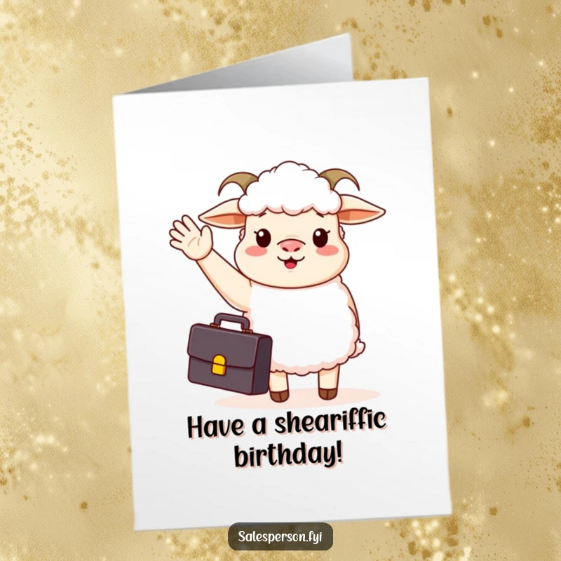 Funny free printable birthday card: A sheep wearing a suit and carrying a briefcase waves hello enthusiastically.