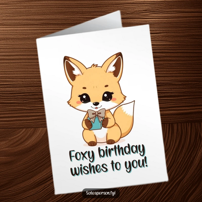 Funny Free Printable Birthday Card featuring a dapper fox in a bowtie presenting a gift, a sophisticated downloadable.