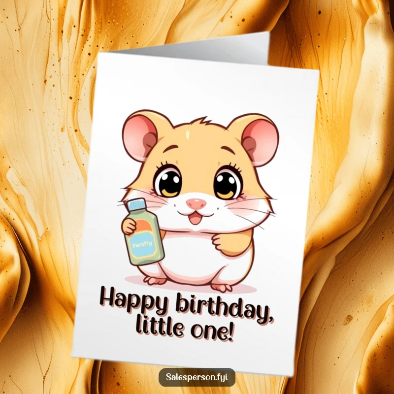 Funny free printable birthday card featuring a curious hamster wide-eyed while demonstrating a product, radiating pure, humorous excitement.