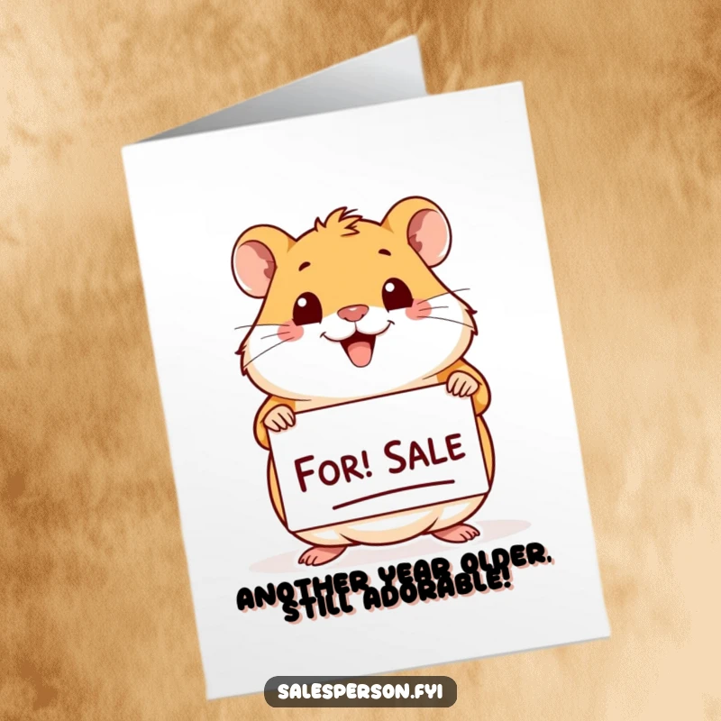 Funny Free Printable Birthday Card featuring a grinning hamster offering a 'For Sale' sign, ready to be printed.