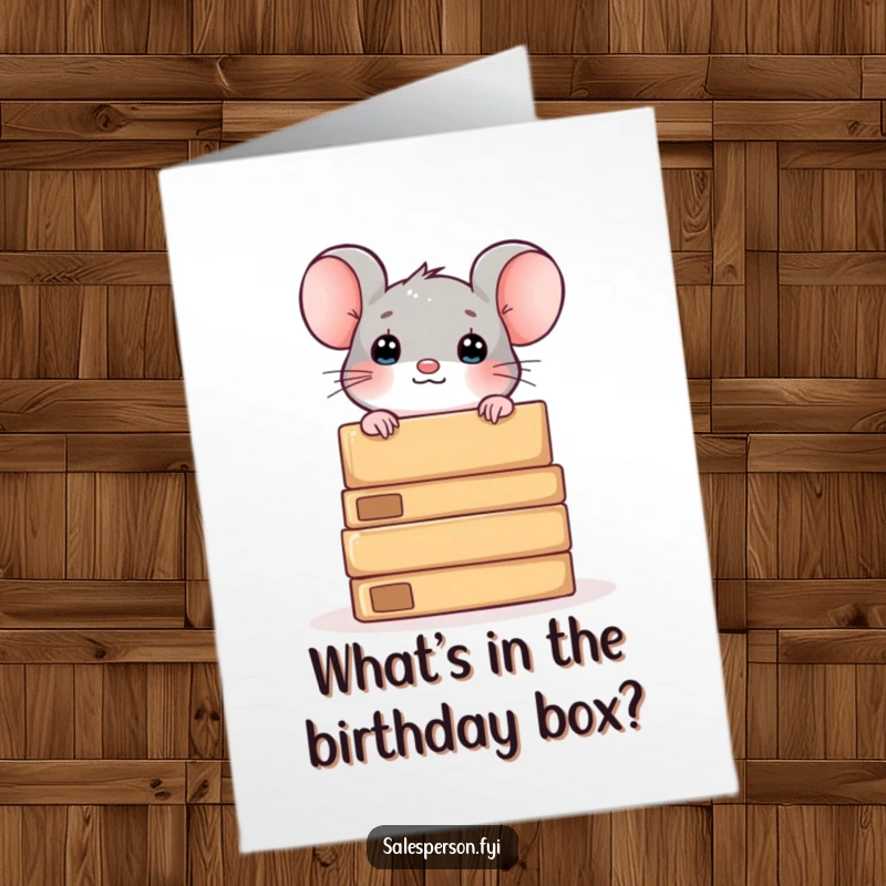 Funny Free Printable Birthday Card: A curious mouse peeking out from behind a stack of boxes, adding a playful touch.