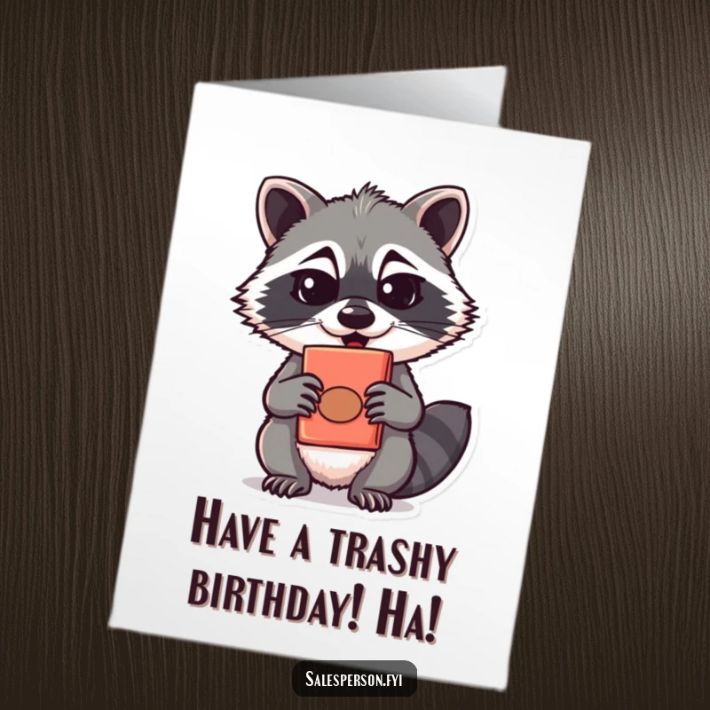 Funny Free Printable Birthday Card: Mischievous raccoon slyly offers a bizarre, quirky gift with a huge, toothy grin.