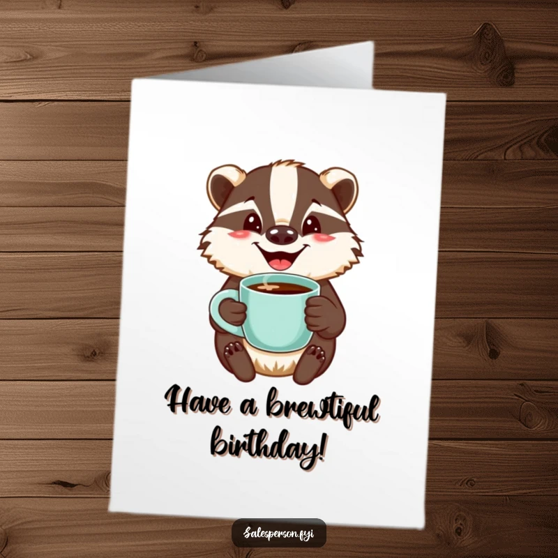 Funny Free Printable Birthday Card: A jovial badger offers a steaming cup of coffee with a warm, welcoming smile.