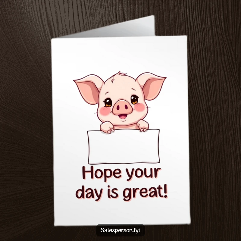 Funny Free Printable Birthday Card: A curious piglet points to a banner with a hopeful expression, wishing joy. Downloadable and charming.