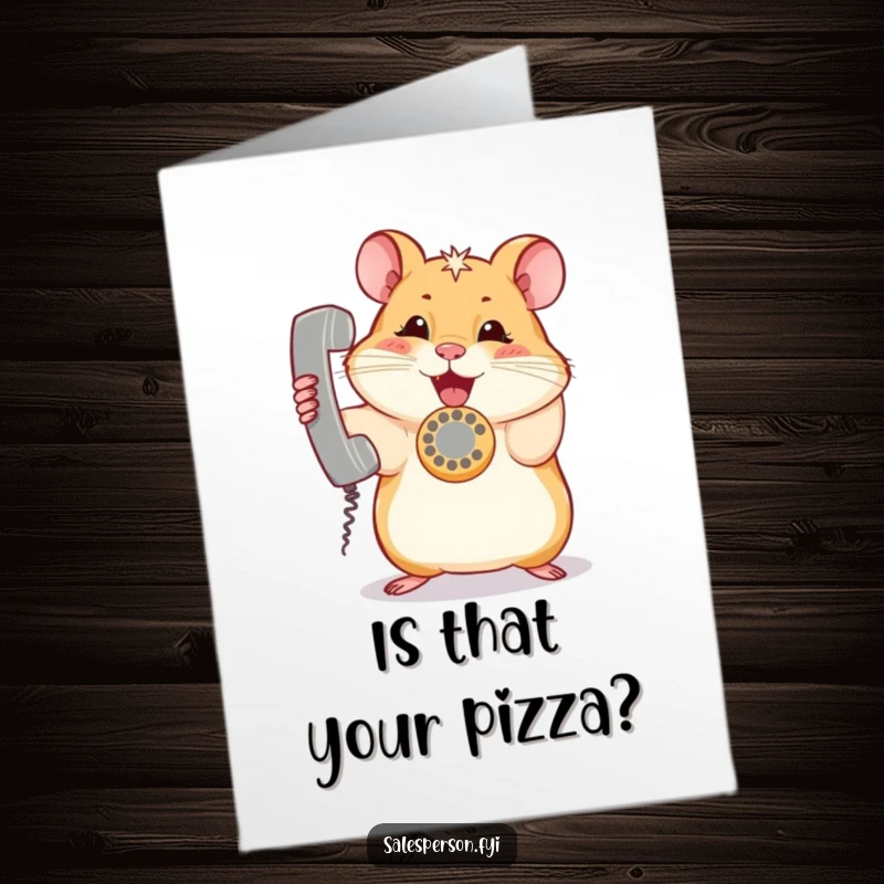 Funny free printable birthday card: A curious hamster excitedly holding a ringing phone, ready to chat and celebrate.