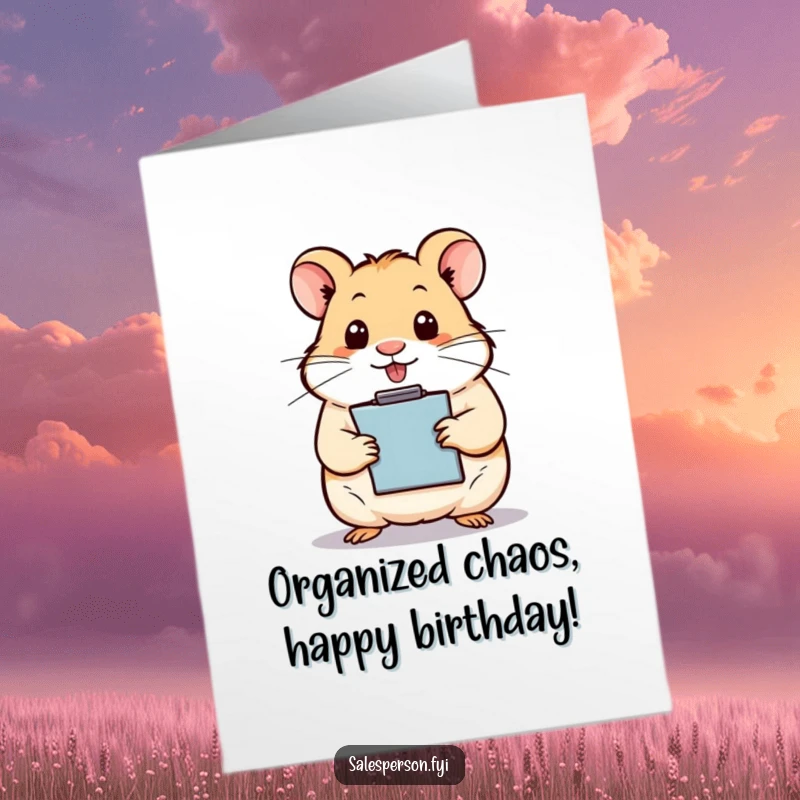 Funny Free Printable birthday card: an organized hamster with a clipboard planning your party with meticulous detail.