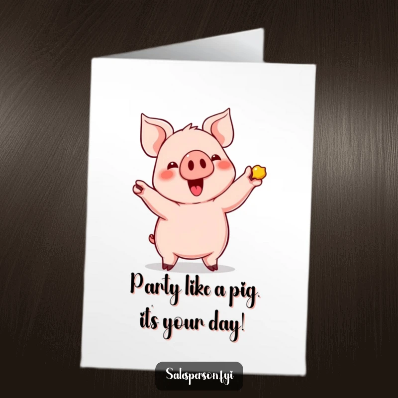 Funny Free Printable Birthday Card with a cute pig gleefully displaying a shiny object, a downloadable delight.