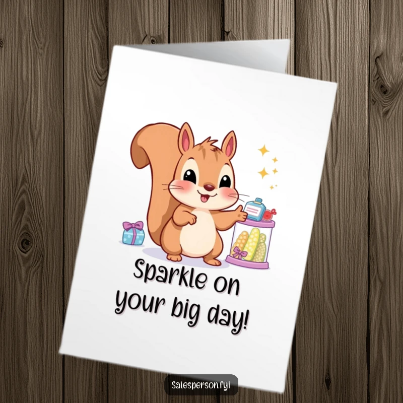 Funny free printable birthday card: A smiling squirrel proudly showcasing glittering treasures for your special day.