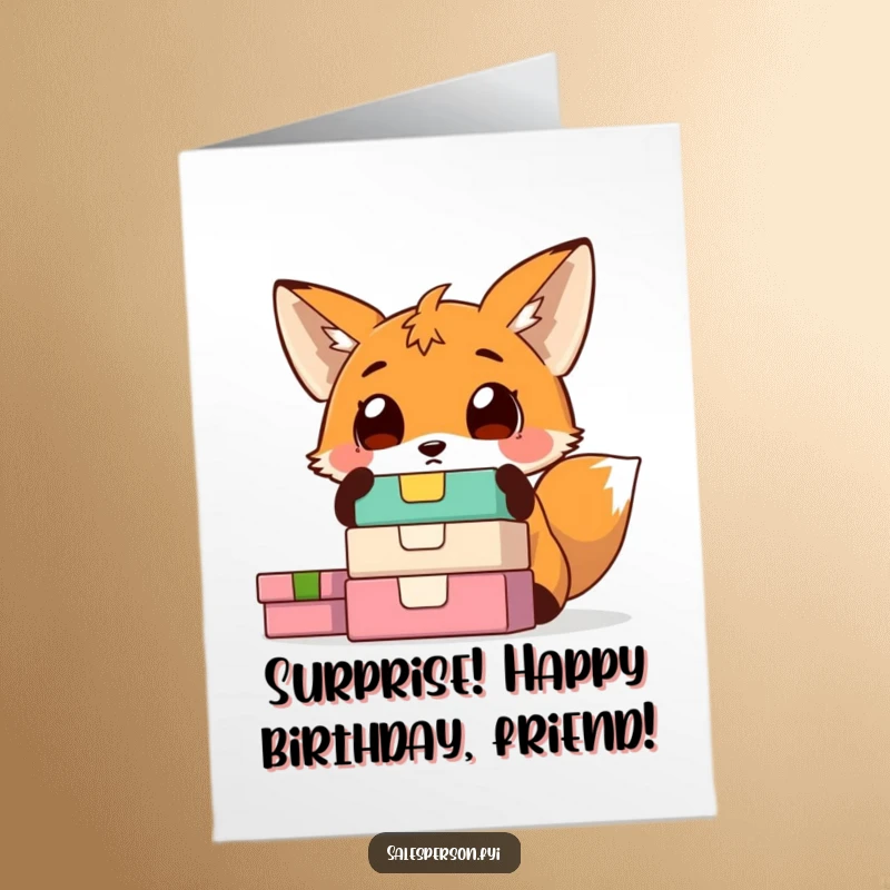 Funny Free Printable Birthday Card: A fox with wide, surprised eyes looking at a tall stack of colorful gift boxes.
