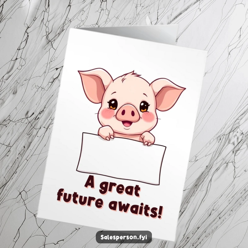 Funny Free Printable Congratulations Card: A curious piglet points to a banner with a hopeful look, celebrating future success. Downloadable cheer.