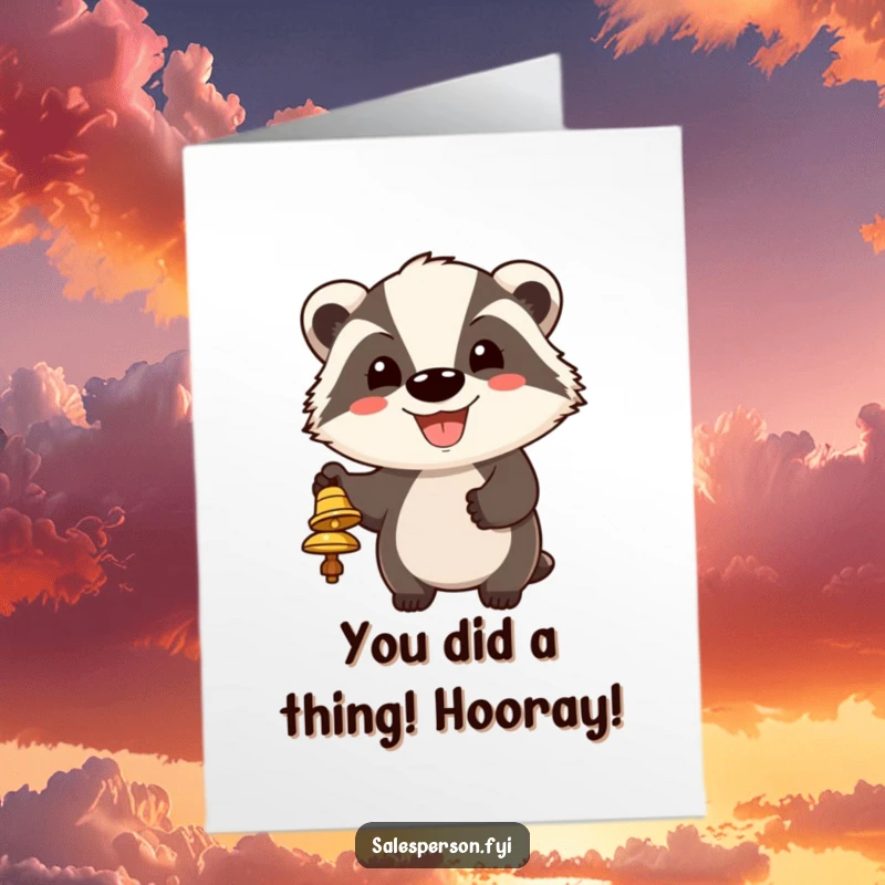 Funny Free Printable Congratulations Card showing a happy badger ringing a bell to share exciting news with a big, wide grin.