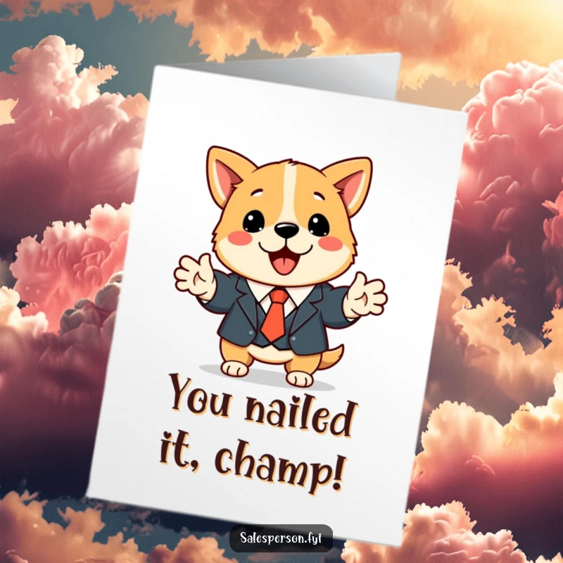 Funny Free Printable Congrats Card: Cute dog in a suit and tie enthusiastically shakes hands in celebration.