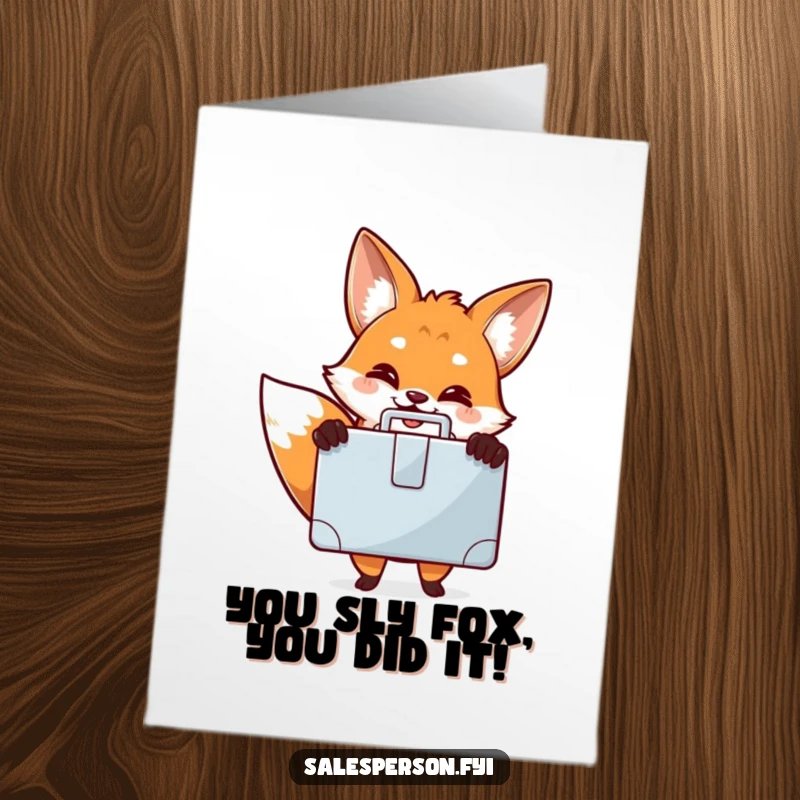 Funny Free Printable Congratulations Card: A happy fox presents a gleaming briefcase, symbolizing a successful venture.
