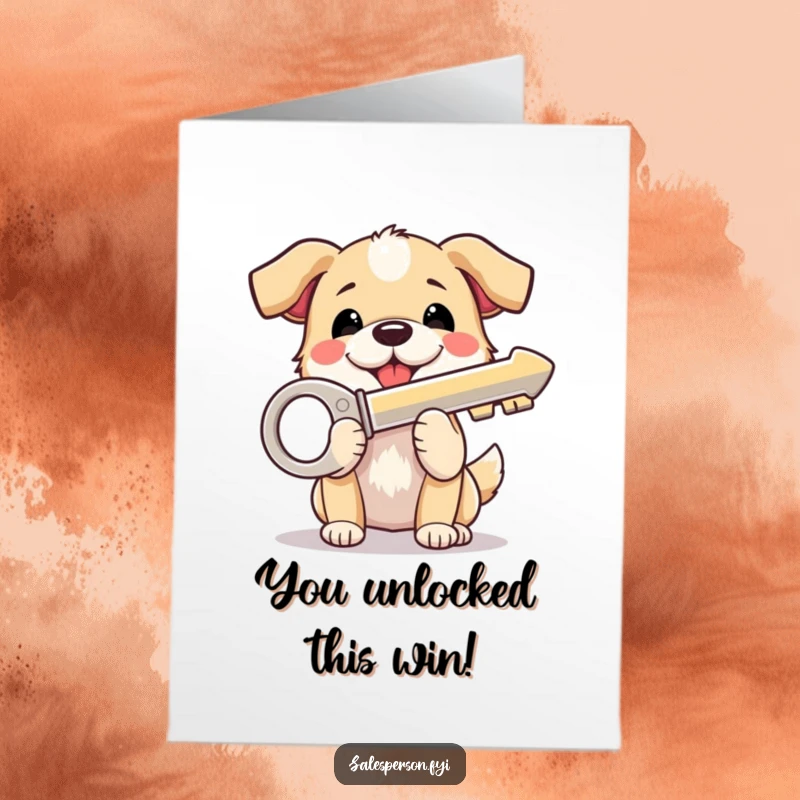 Funny Free Printable Congratulations Card showing a gleeful dog holding up a large, shiny key, symbolizing unlocking success.