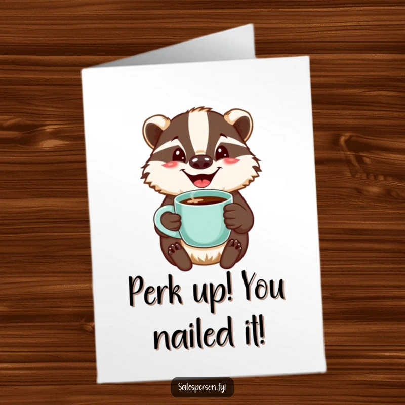 Funny Free Printable Congratulations Card: A jovial badger with a welcoming smile offers a steaming cup of coffee.