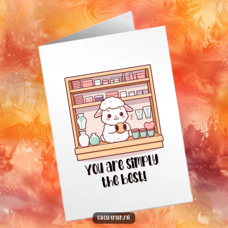 Funny Free Printable Congratulations Card: A content sheep neatly arranges items on a shelf with a satisfied, quiet hum.