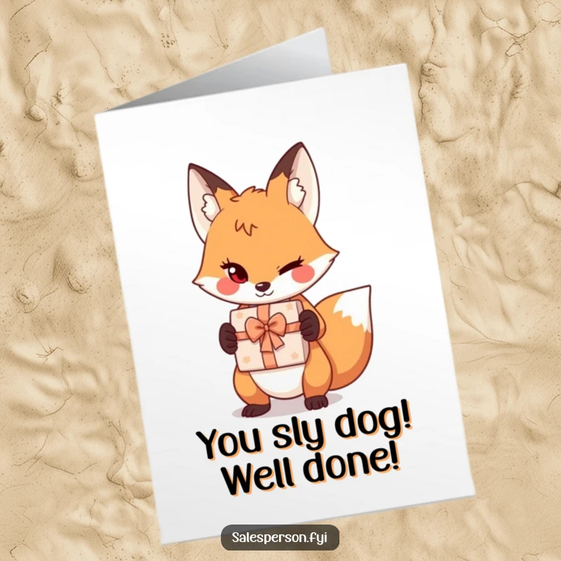 Funny Free Printable Congrats Card: Sly fox winking and presenting a gift box, perfect for celebrating achievements with humor.