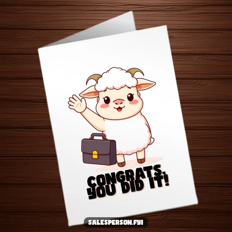 Funny free printable congrats card: An excited sheep in a suit and tie holds a briefcase and waves hello.