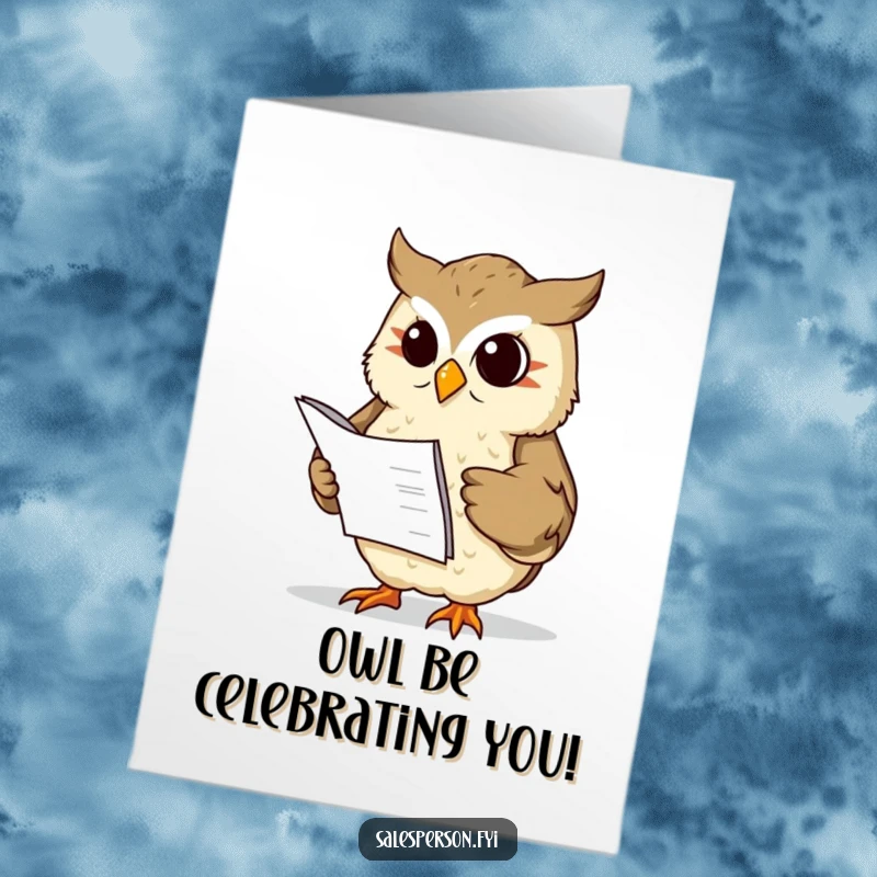 Funny Free Printable Congratulations Card: A wise owl with glasses holds a ledger and gives a sagely nod of approval.