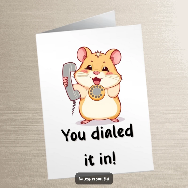 Funny free printable congratulations card: A hamster enthusiastically answers a ringing telephone, celebrating your success.