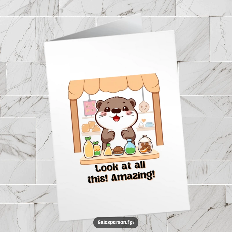 Funny Free Printable Congratulations Card: A cheerful otter gestures widely at an enticing display of celebratory items, perfect for congrats.