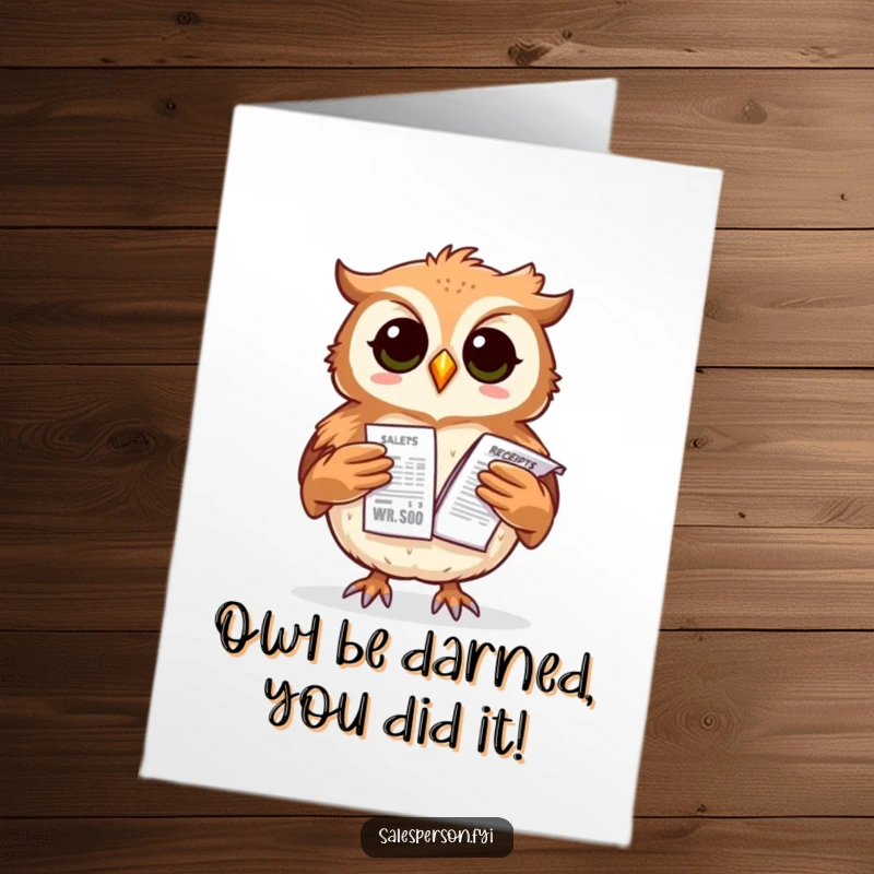 Funny free printable congratulations card: A proud owl balances a large stack of sales receipts, celebrating a big win.