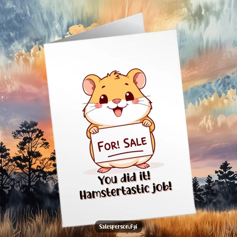 Funny Free Printable Congratulations Card with a smiling hamster holding a 'For Sale' sign, ideal for gifting.