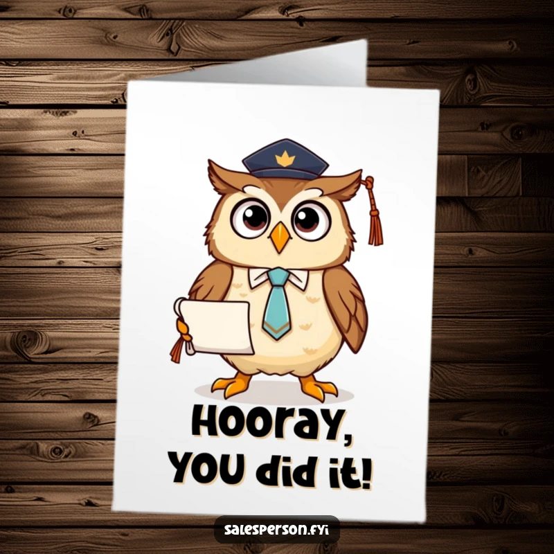 Funny free printable congratulations card showing a proud owl in a tie holding a diploma scroll, perfect for celebrating graduation.