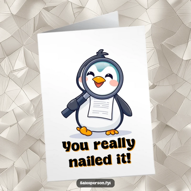Funny free printable congratulations card showing a joyful penguin using a large magnifying glass to examine a document, perfect for celebrating discoveries.