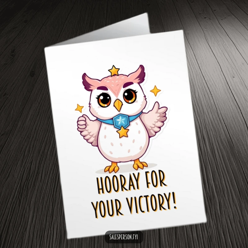 Funny free printable congratulations card: A proud owl with a badge points to a golden star, congratulating success.