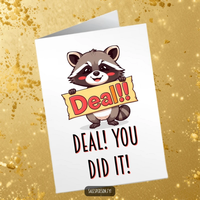 Funny free printable congratulations card: A happy raccoon proudly displays a large colorful banner proclaiming 'Deal!'.