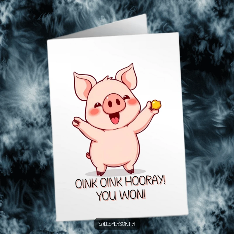 Funny Free Printable Congratulations Card featuring a cute pig proudly showing off a gleaming item, a downloadable gem.