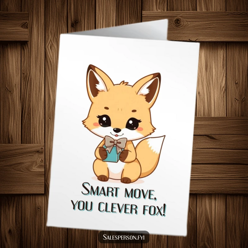 Funny Free Printable Congratulations Card with a playful fox in a bowtie holding out a present, a suave printable.
