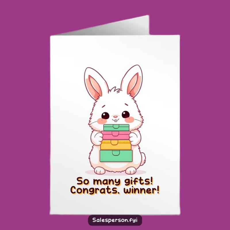 Free Printable Congratulations Card: Bunny Showing Gifts, Funny Downloadable Greeting for Any Win
