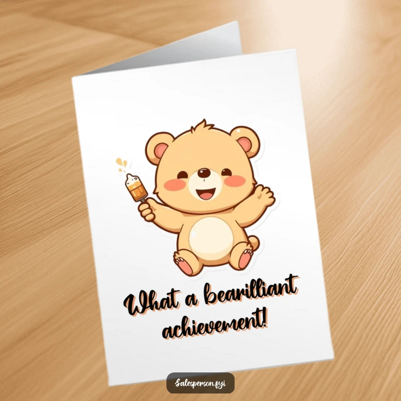 Printable Congratulations Card: An excited bear cub shows off a product with a flourish for achieved success.