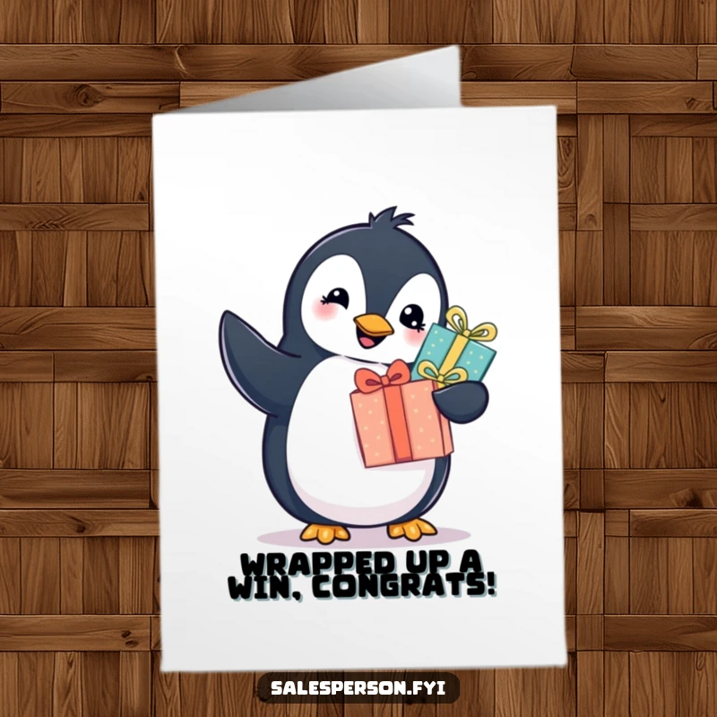 Funny Free Printable Congratulations Card: A cheerful penguin offers a wrapped gift, symbolizing a wonderful accomplishment.