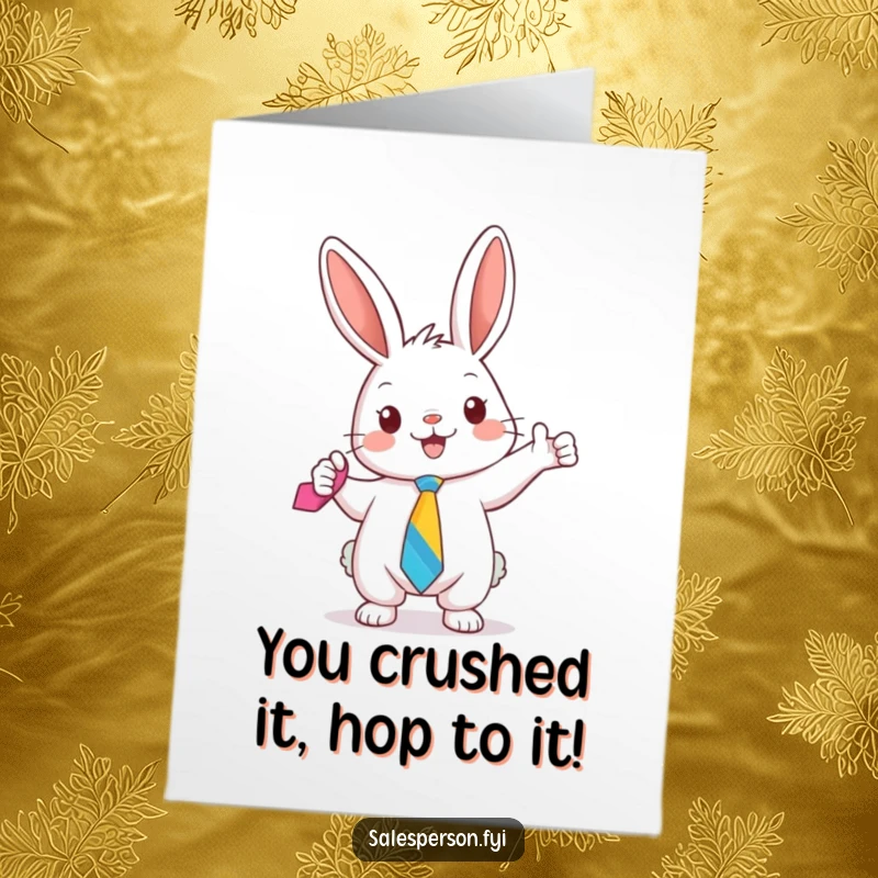 Funny Free Printable Congratulations Card: A cheerful bunny enthusiastically presents a bright tie, symbolizing a job well done.