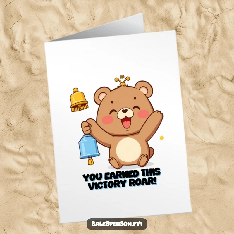 Funny free printable congrats card: A smiling bear character rings a bell to announce great news.
