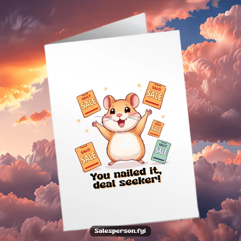 Funny Free Printable Congrats Card: A hyperactive hamster expertly juggles a pile of sale flyers, celebrating your success.