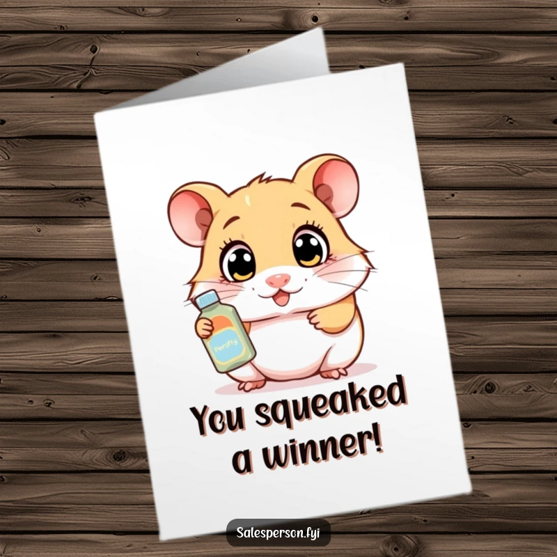 Funny free printable congratulations card showing a curious hamster wide-eyed demonstrating a product, perfect for celebrating new beginnings with humor.