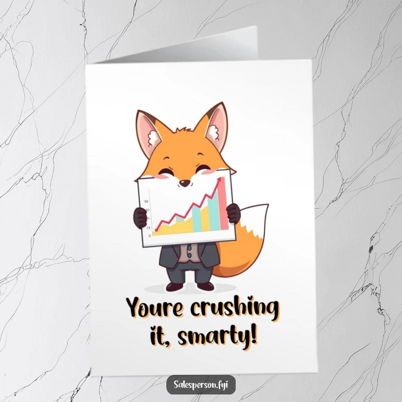 Funny free printable congrats card: A fox in a business suit holds a large, colorful graph pointing upwards.