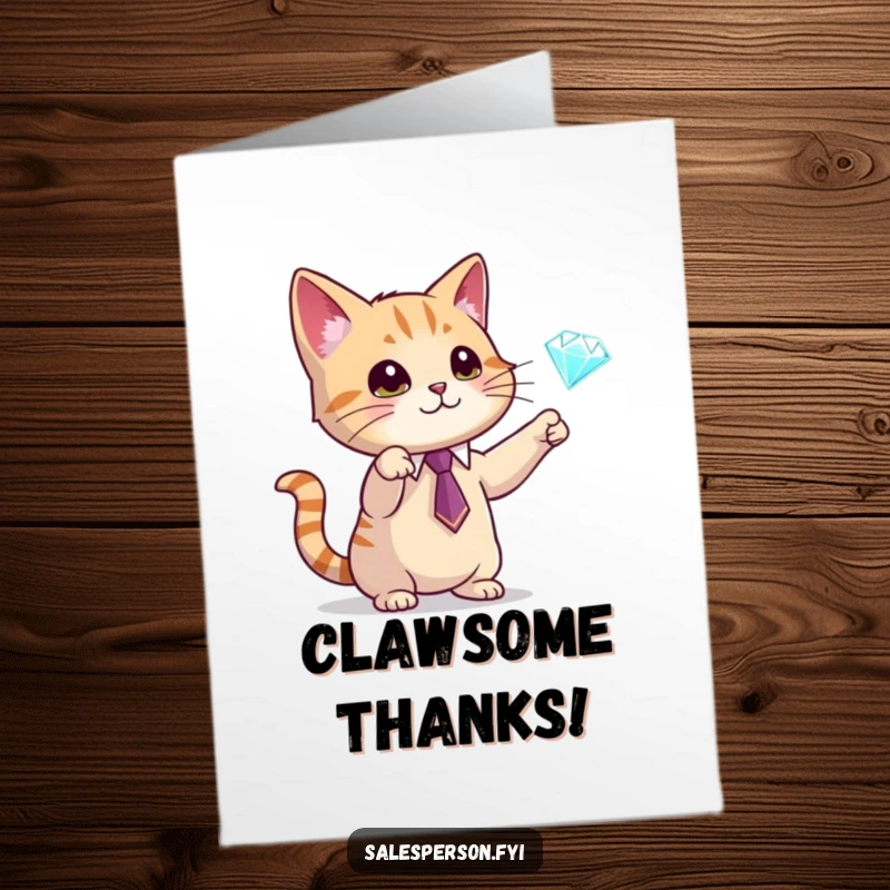 Funny Free Printable Thank You Card: A cat in a tie points to a diamond, humorously expressing thanks, downloadable and print at home.