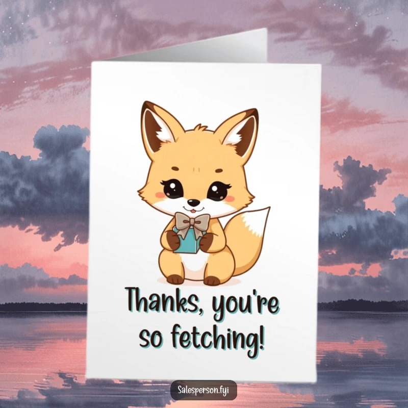 Funny Free Printable Thank You Card featuring a fox in a bowtie offering a gift, a refined downloadable.