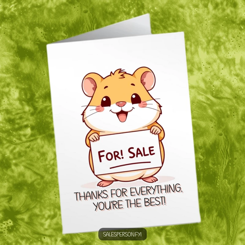 Funny Free Printable Thank You Card featuring a happy hamster with a 'For Sale' sign, a unique downloadable.