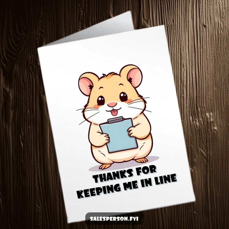 Funny Free Printable thank you card: an organized hamster with a clipboard, jotting down all the reasons for your gratitude.